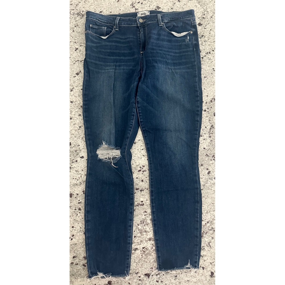 PAIGE Dark Wash Distressed Skinny Jeans Size 33 Raw Hem